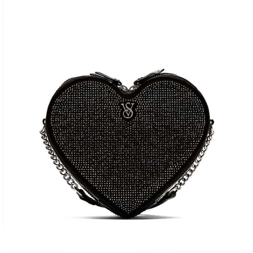 Victorias Secret Black Rhinestone Heart Crossbody Bag